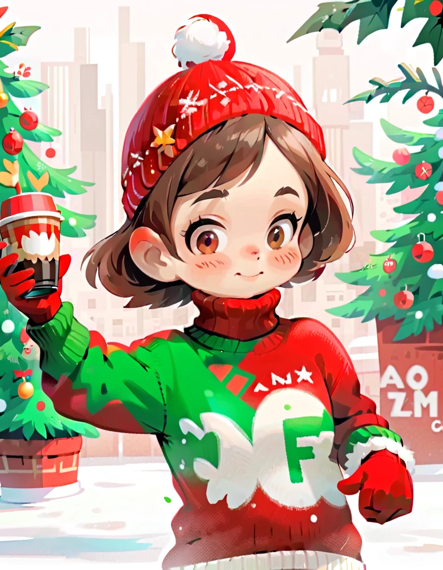 Minimalism, simplicity, graffiti, English magazine cover, (cartoon girl: 1.5), bust, playful expression, short hair, red Christmas beanie, red Christmas turtleneck, wearing red and green gloves, red, Snow, big English letters, hot coffee, Christmas tree, white background,