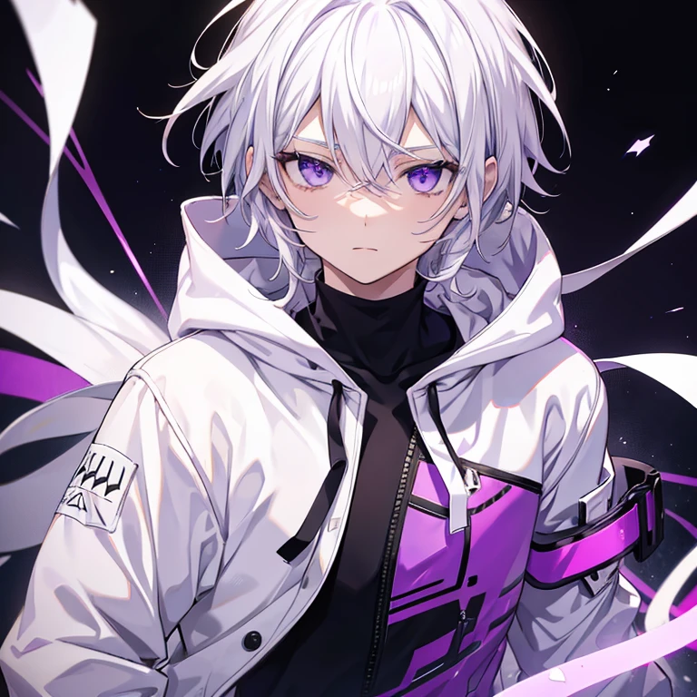 White haired anime boy, purple eyes, white shirt, black hoodie, snow background, emotionless face