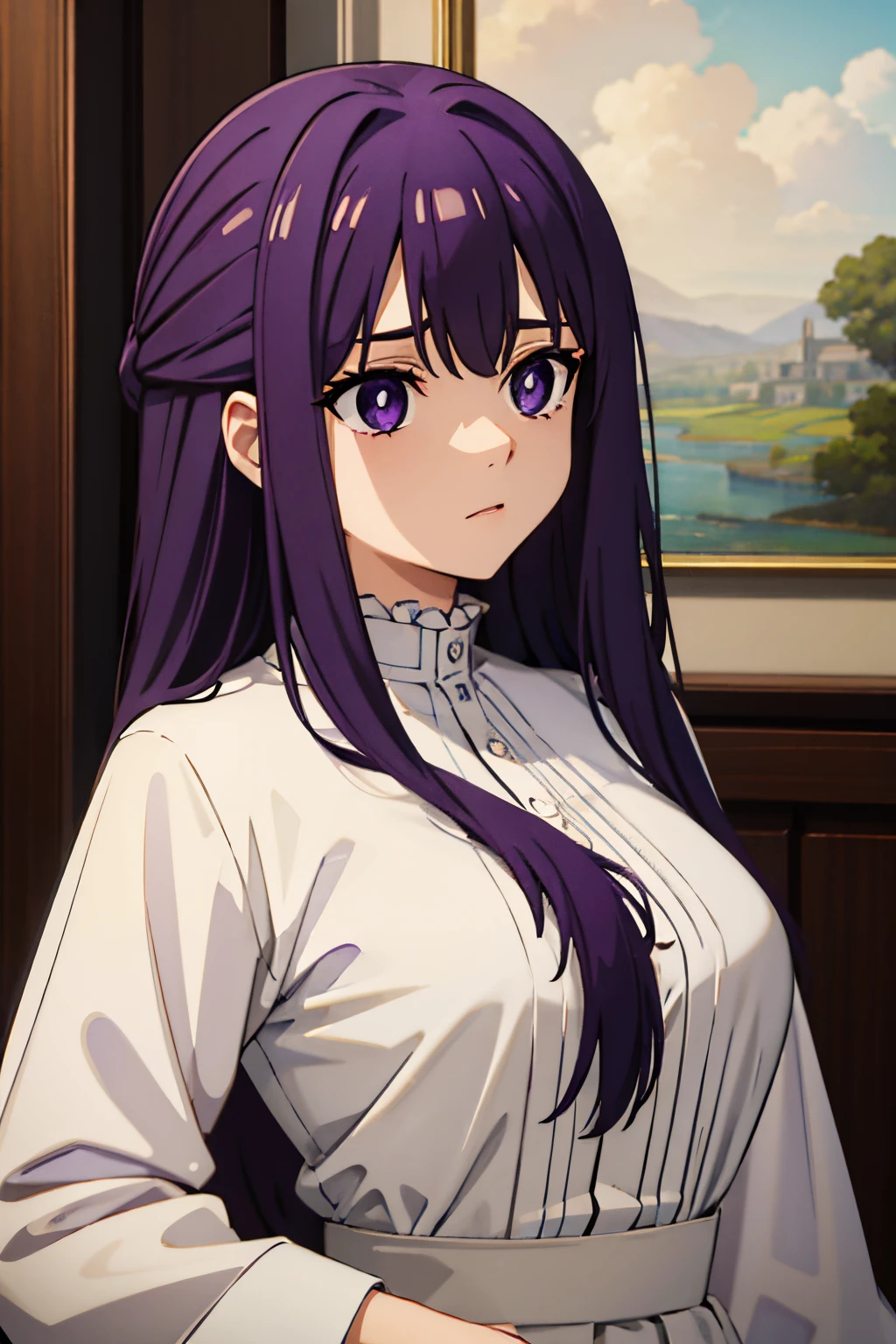 (masterpiece, best quality:1.2), close-up image of a person with long purple hair and white shirt, purple eyes, bulli, wearing [ [ 1st 2nd century, leaving the room, ultra detailed, best quality, expressive eyes, perfect face, ultra hight quality, ultra detail, hight quality, best quality, big breasts