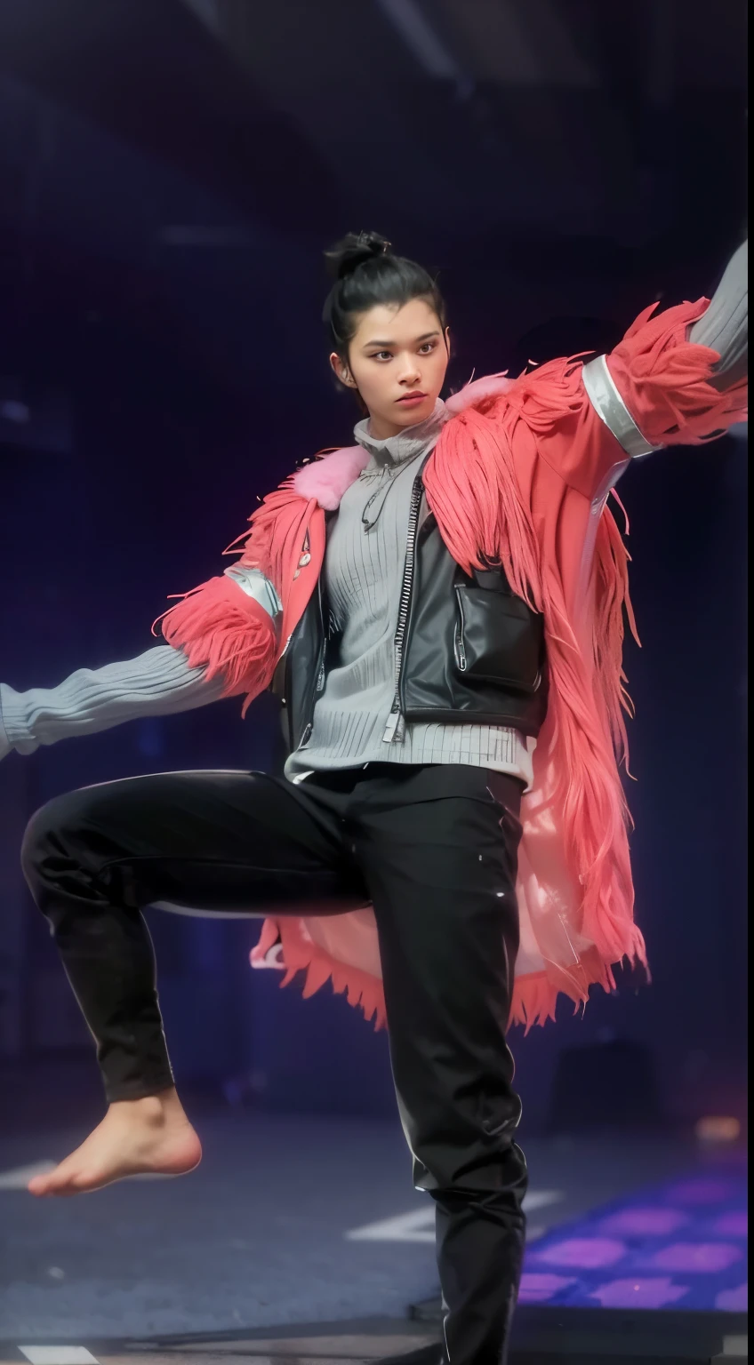 man, black hair in pigtails, white shirt with black jacket covered with pink fur jacket