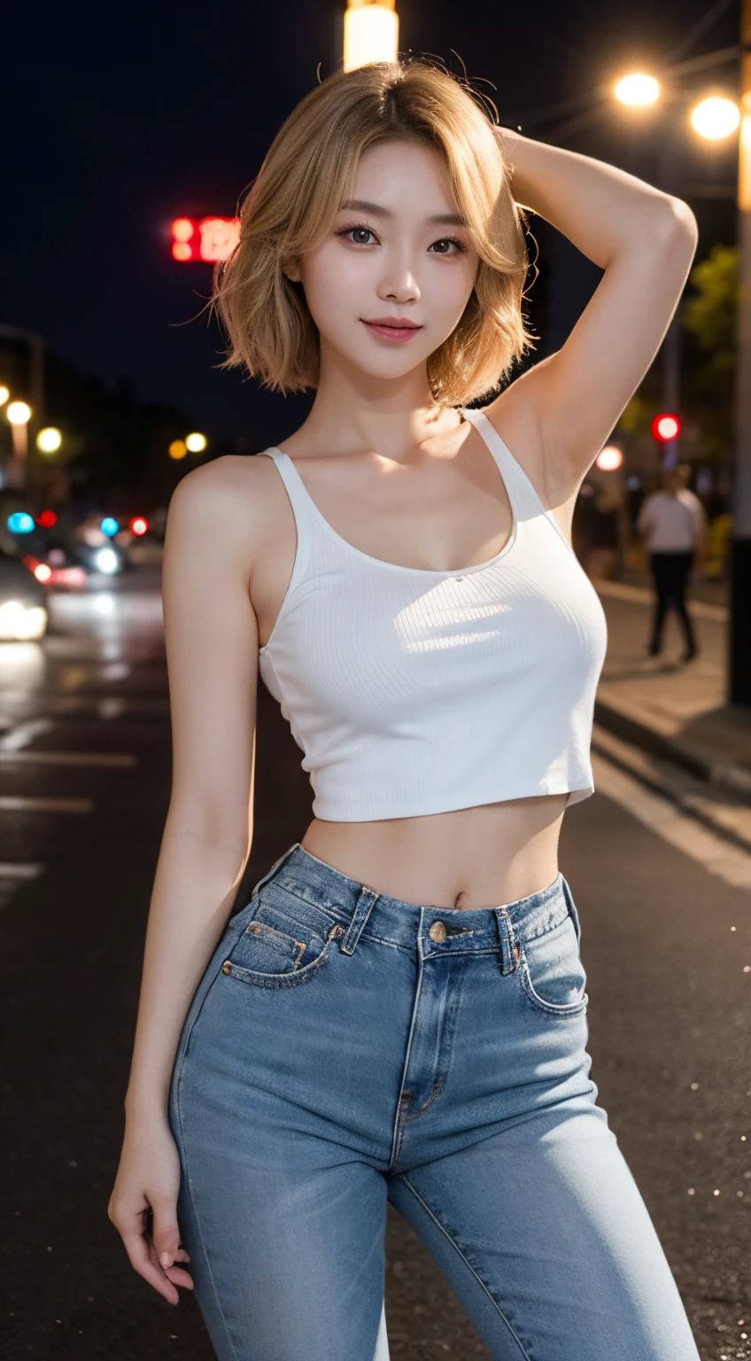 30 years old Chinese Woman, Short Wavy blonde hair, Smile, Model body, Jeans, White Tanktop, Looking at Viewer, Sitting pose, At night under the street lights, High Resolution, High detail, Photoshoot, POV, Cinematic Lighting.