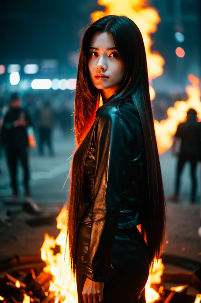 A woman with long, straight cyberpunk hair standing in front of the flames of hatred.