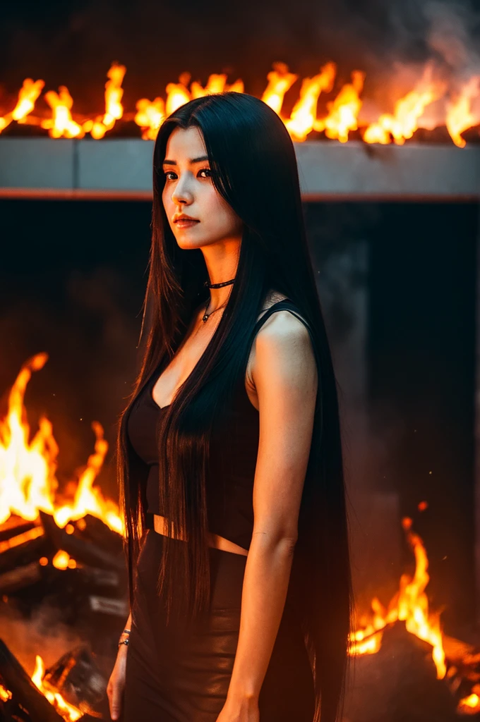 A woman with long, straight cyberpunk hair standing in front of the flames of hatred.