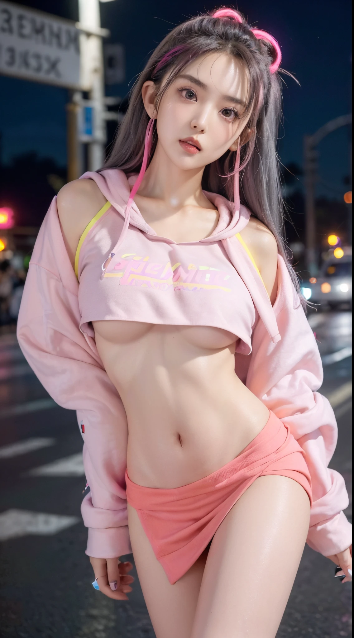 girl, (Lower bust:1.4),Large breasts droop、(ssmile:1.5)，Colored inner hair,Long gray hair:1.5,Long unkempt hair:1.35,cabelos preto e longos,Complex hairstyles,(((neon_Pink_There are eyes:1.3))),complex eyes,Beautiful and delicate eyes,symetric eye)),(spider lower abdomen,Willow waist,Wide hips,athletic body build,inflatable legs,Detailed body), Cute big breasts,'s,((((cropped hoodie,)))),(((Superskirt))) (dynamicposes:1.0),Just focus,embarressed,(Located in the center,Scale to fit the dimensions,the rule of thirds), Neon lights are particularly eye-catching, very bright neon light,during night, star night, kosmos, artsy photography,(Photos taken by sldr),A high resolution, Focus sharp, ((8k，​masterpiece，Master works，Detailed details)),((the street)),(((vibrant with colors))),