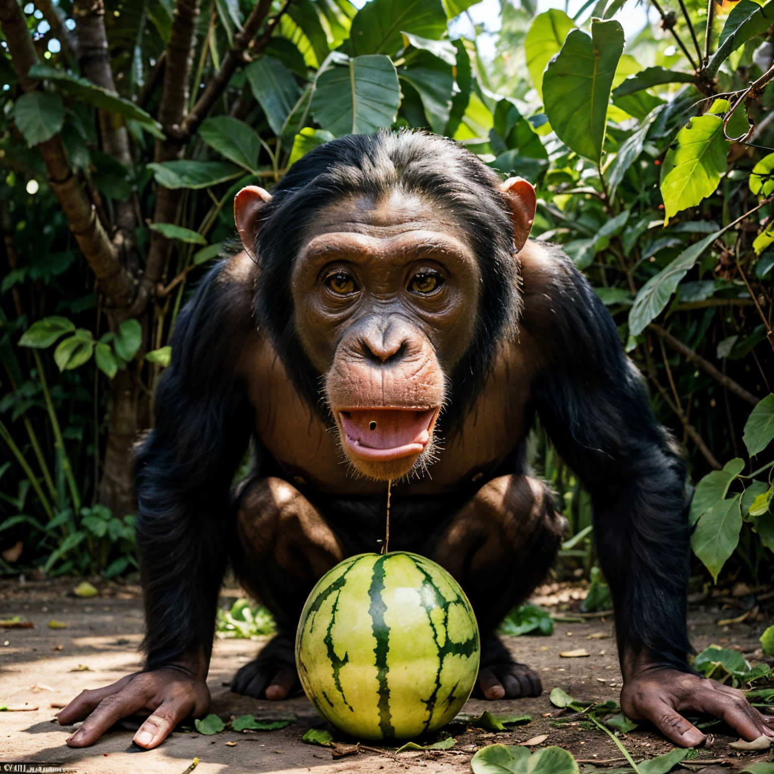 (best quality,ultra-detailed),funny chimpanzee eating watermelon,eating watermelon in the jungle,happy chimpanzee with juicy watermelon,playful chimpanzee with messy face,watermelon peel on the ground,sunlight filtering through the trees,colorful tropical foliage,vibrant green leaves,crisp juicy watermelon,refreshing summer snack,joyful expression of the chimpanzee,wildlife in their natural habitat.