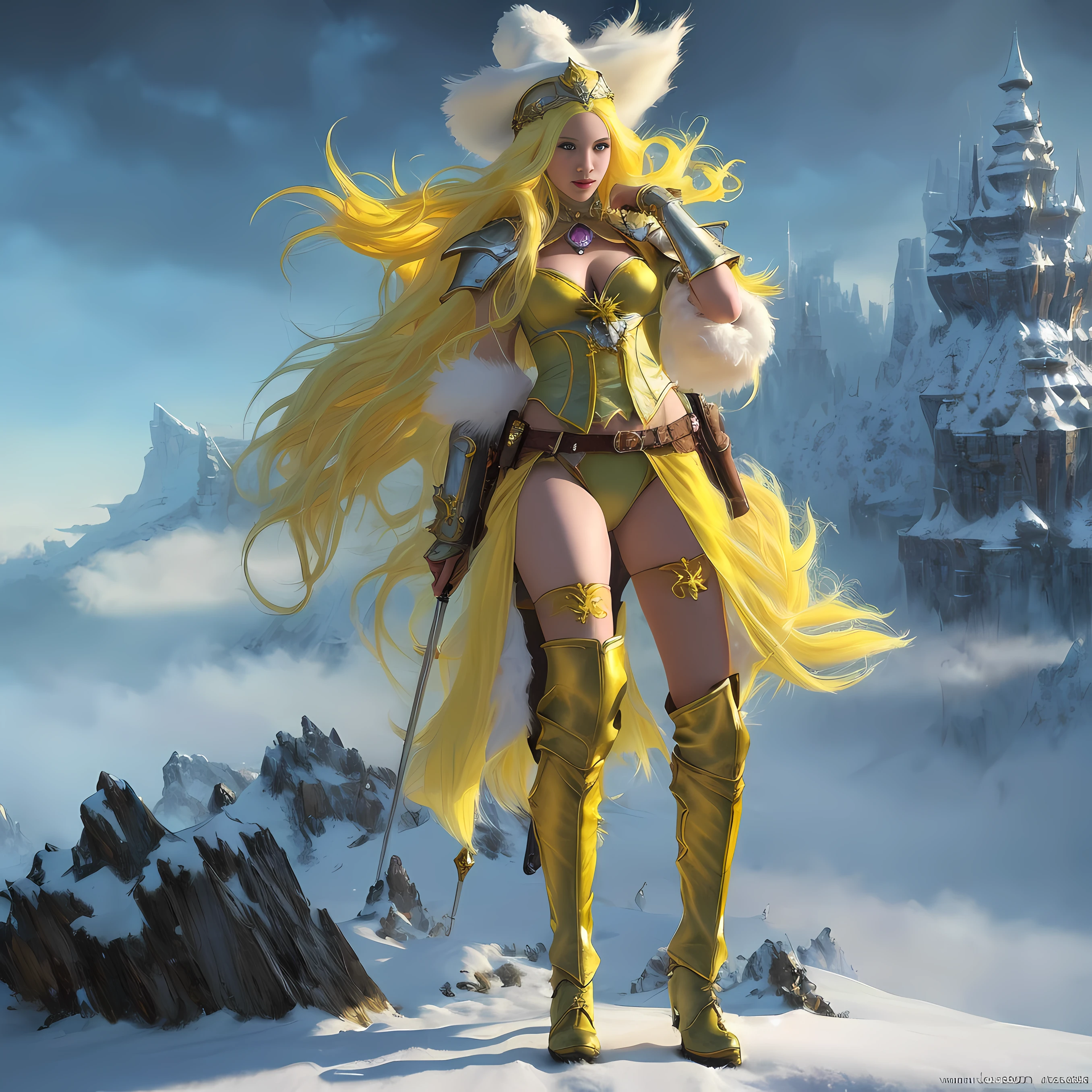 Young woman with yellow hair in fluffy outfit and fluffy hat, Fantasy character art, Awesome character art, Epic fantasy character art, HD fantasy art, Epic exquisite character art, Realistic fantasy artwork, Fantasy woman, Epic fantasy art style HD, Fantasy character, Digital fantasy art), Fantasy style art, Detailed fantasy art, High quality  Fantasy Art, Fantasy Outfit, Digital 2D Fantasy Art