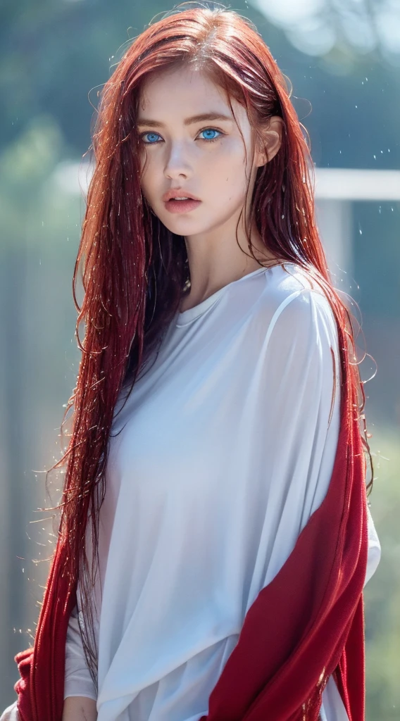 Beautiful handsome woman, ((top quality, 8k, masterpiece:1.retty woman, 1woman, huge breasts:1.3, slender figure:1.1, elastic red long hair, (shower, wet body, wet clothes:1.1), very detailed face, detailed lips, detailed eyes, double eyelids, detailed blue eyes, extremely detailed outstanding blue eyes, red wet hair, red wet hair, detailed outstanding BLUE EYES, innocent stare at the viewer, extremely wet red hair, detailed outstanding BLUE EYES