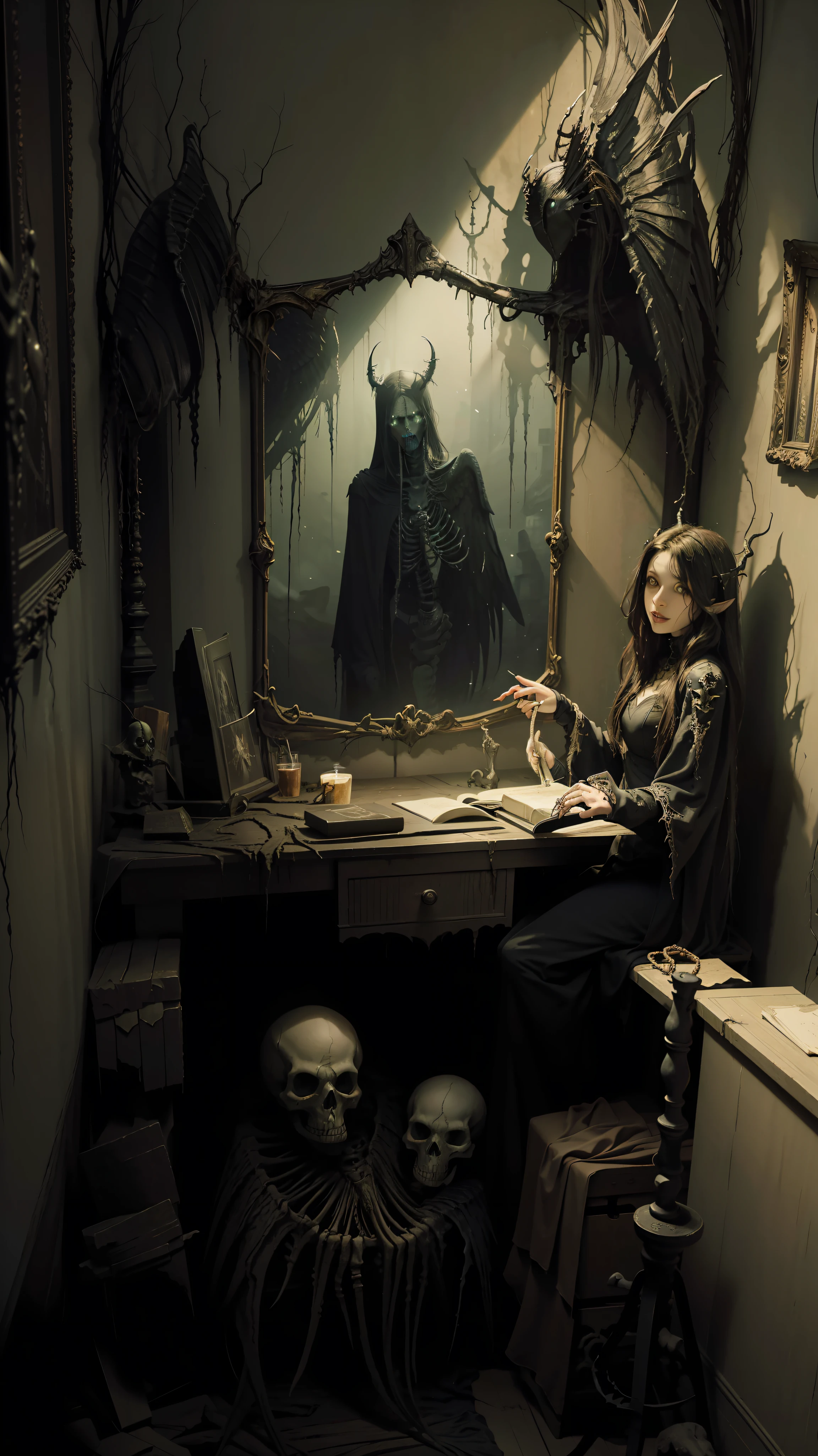 Fine matte painting, skeleton dark angel big wings haunted castle on drawing table full of knives, horror, spookiness, scary, secret horror, tentacles, vines, eyes, uncanny valley effect teeth, limbs, animals, blood moon