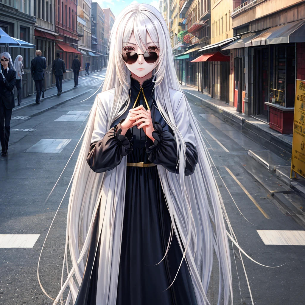 Ultra Quality, Shiny Skin, Atmospheric, 8K, Cinematic, ((Street background)), BREAK, ((Long White Hair)), narrowed black eyes, long black dress, fingers crossed, Sunglasses