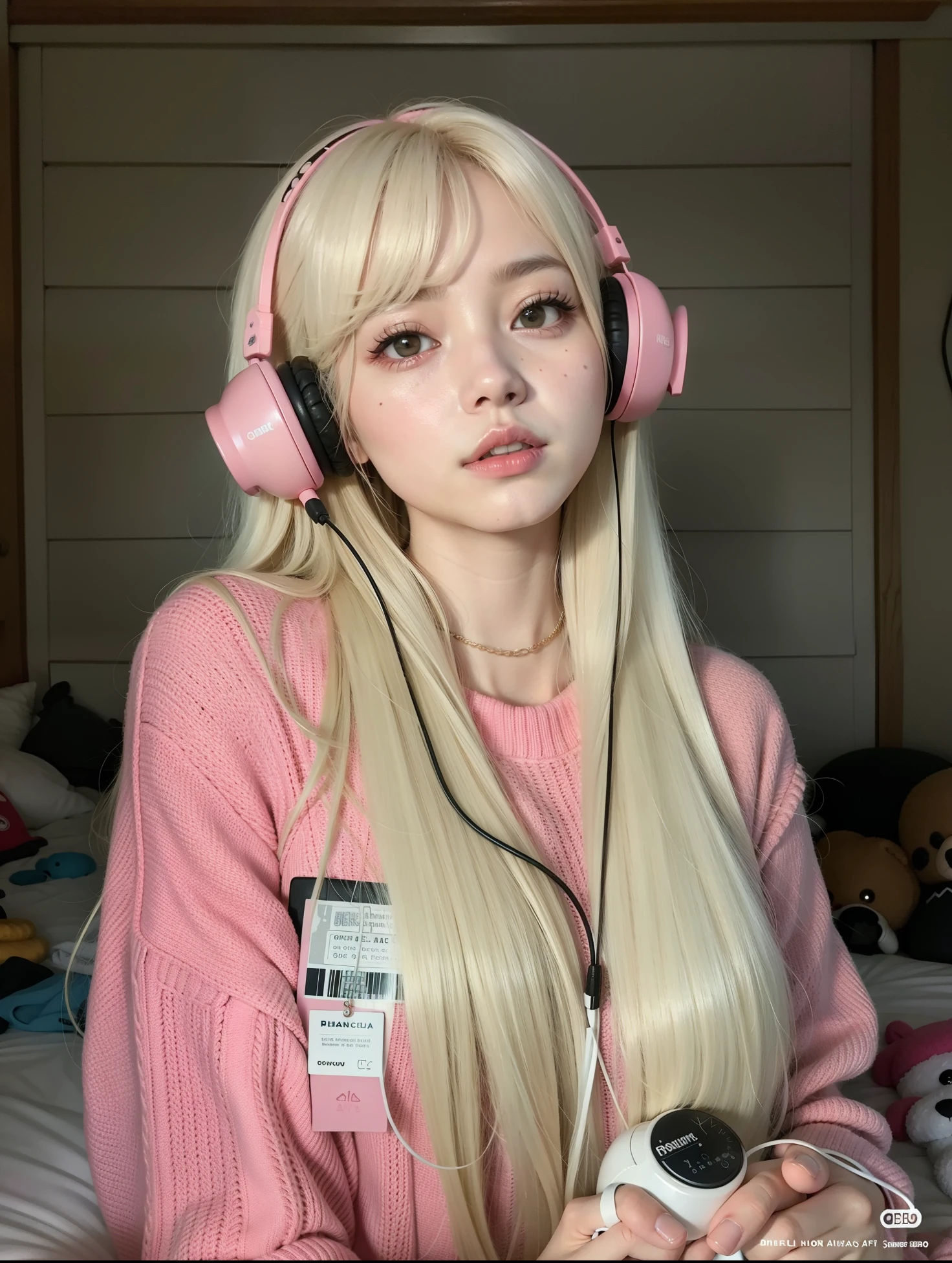 blonde girl with headphones and pink sweater sitting on bed, linda Delphine, Ulzzang, com cabelos longos brancos, her hair is white, com longos cabelos brancos, Fones de ouvido rosa, com fones de ouvido, longos cabelos brancos e franja, com fones de ouvido, Parque Roseanne do Blackpink, branco hime corte penteado, cabelo whitebangs cabelo, Kim Doyoung, Menina anime na vida real