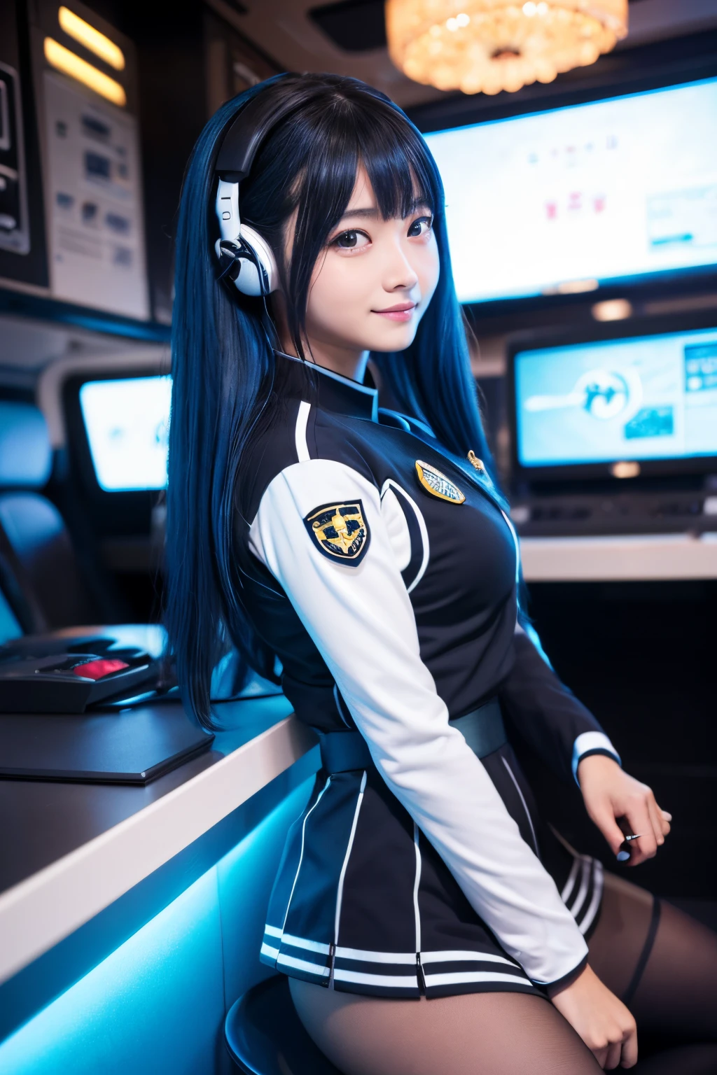 masutepiece, Best Quality, 8K、(Golden Ratio Face、Balanced eyes、very gentle eyelids)、二重まぶた、An innocent face、Young Face、Beautiful nasal muscles、Shy laughter、lipgloss 、Very beautiful girl、Beautiful girl solo like a model、 wearing a starfleet uniform, complete starfleet uniform、clear outfit design、Glossy uniform、Blue hair、headset on head、skirt by the、pantyhose、battleship cockpit,SFThe world of,anime world girl、futuristic background、