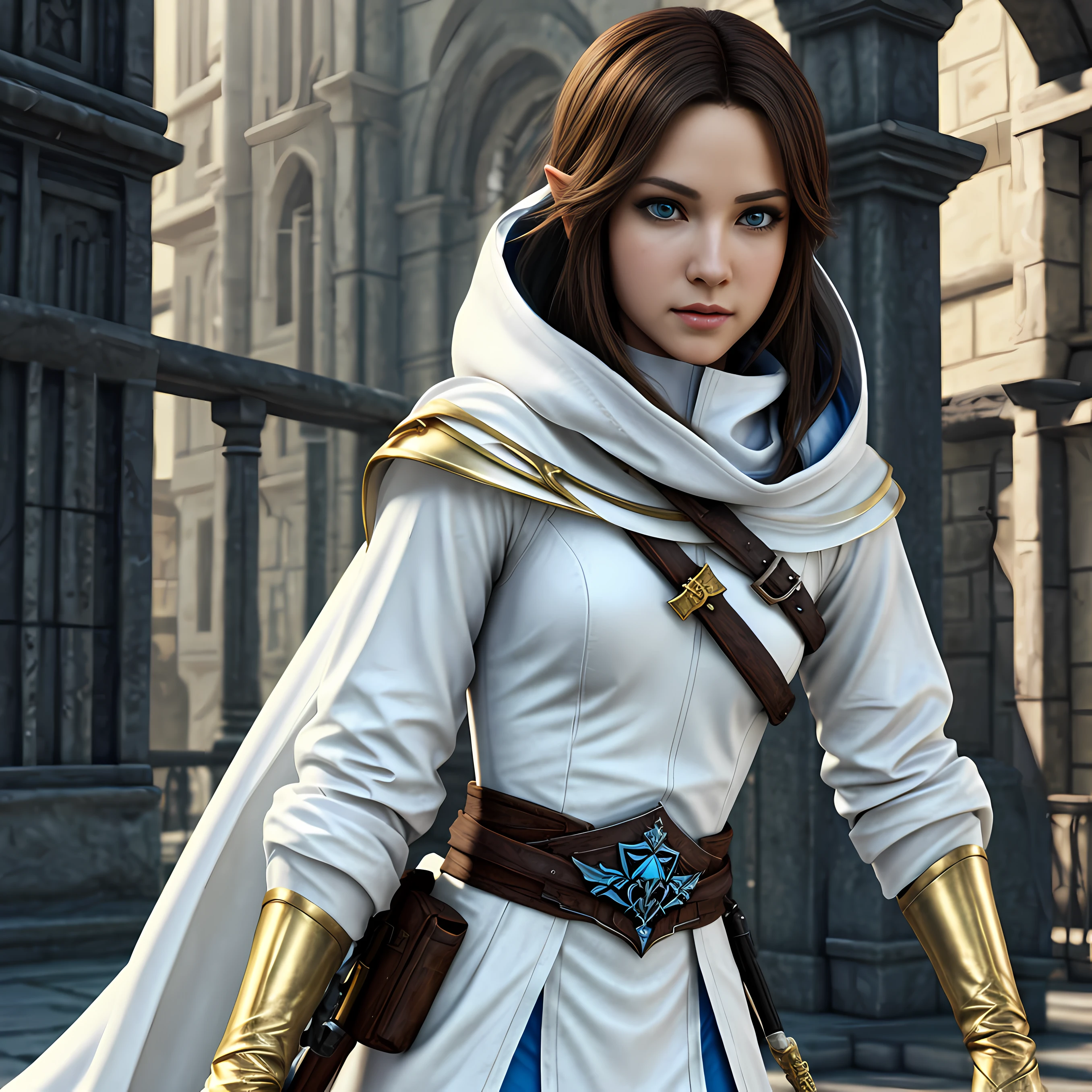 A full-body shot of Princess Zelda, brown hair, blue eyes, dressed as an Assassin from Assassins Creed, in white+gold witha white mask and hood with gold details, XL bust, using a wrist blade. Background: A city during the renaissance period. Unreal Engine 5, Anime, Anime style, Masterpiece, Well drawn eyes, well drawn face, well detailed eyes, well detailed face, 8k, light and shadow effect.