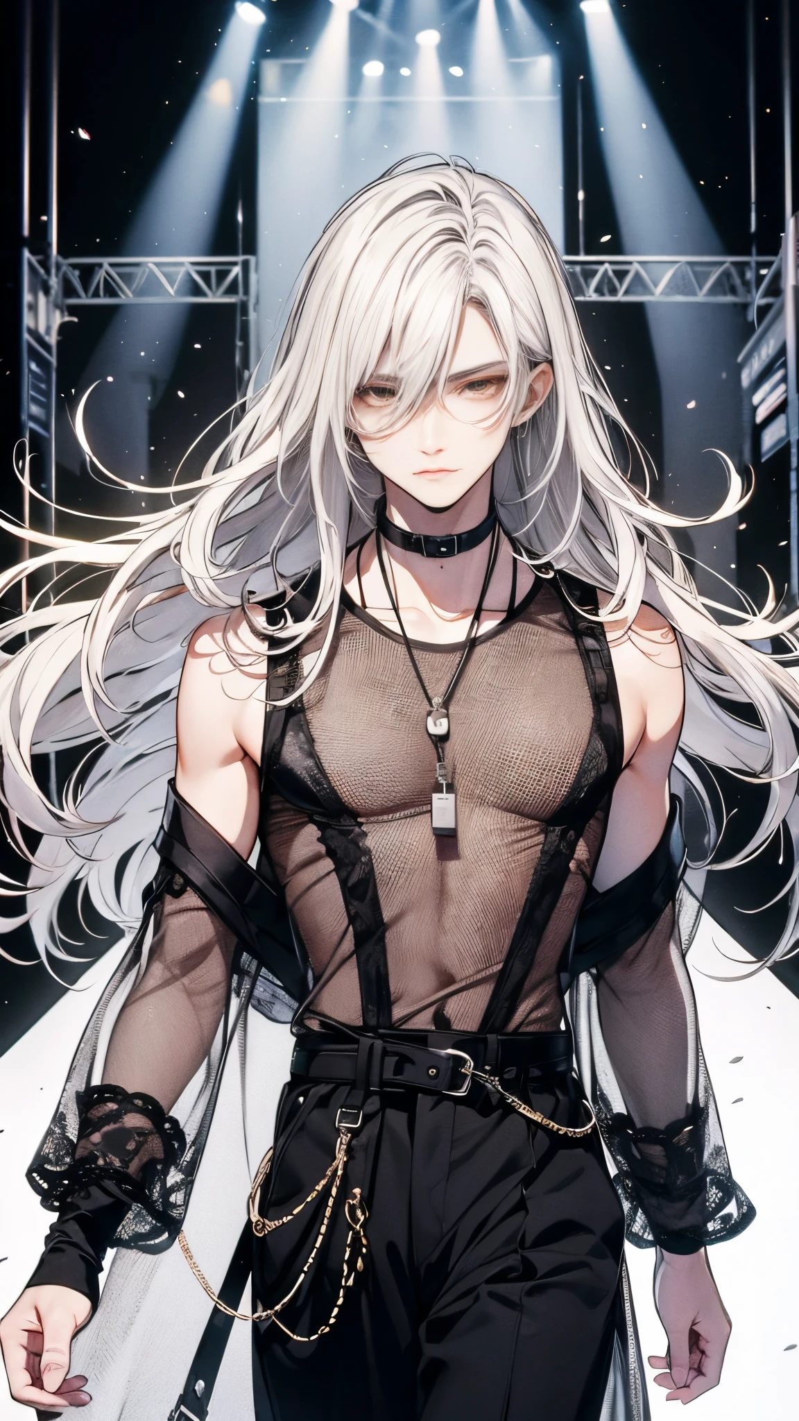 Beautiful, young man, very long, white hair, yellow eyes, cool, handsome, masculine, fashion show model, outfit, black, see-through, confidently, walking, runway, spotlight, Pixiv, anime, clear line drawing, transparent watercolor, clear shading, high-quality, detailed, vertical format, long flowing hair, stylish, presence. Thin macho,