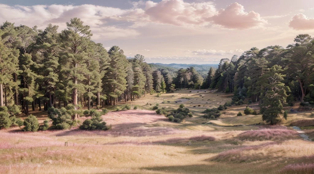 Light pink grass hill, on both sides are pine forests, very beautiful scenery, beautiful forest scenery, really beautiful nature,