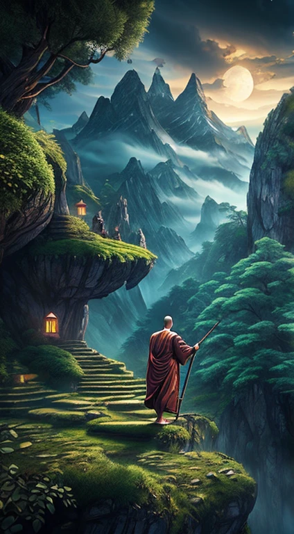 masterpiece, best quality, ultra-detailed, illustration, buddhist man monk, solo, fantasy, flying, broom, night sky, outdoors, magic, spells, moon, stars, clouds, wind, cape, broomstick, glowing, mysterious, enchanting, whimsical, playful, adventurous, , wonder, imagination, determination, skill, speed, movement, energy, realism, naturalistic, figurative, representational, beauty, fantasy culture, mythology, fairy tales, folklore, legends, composition, scale, foreground, middle ground, background, perspective, light, color, texture, detail, beauty, wonder.