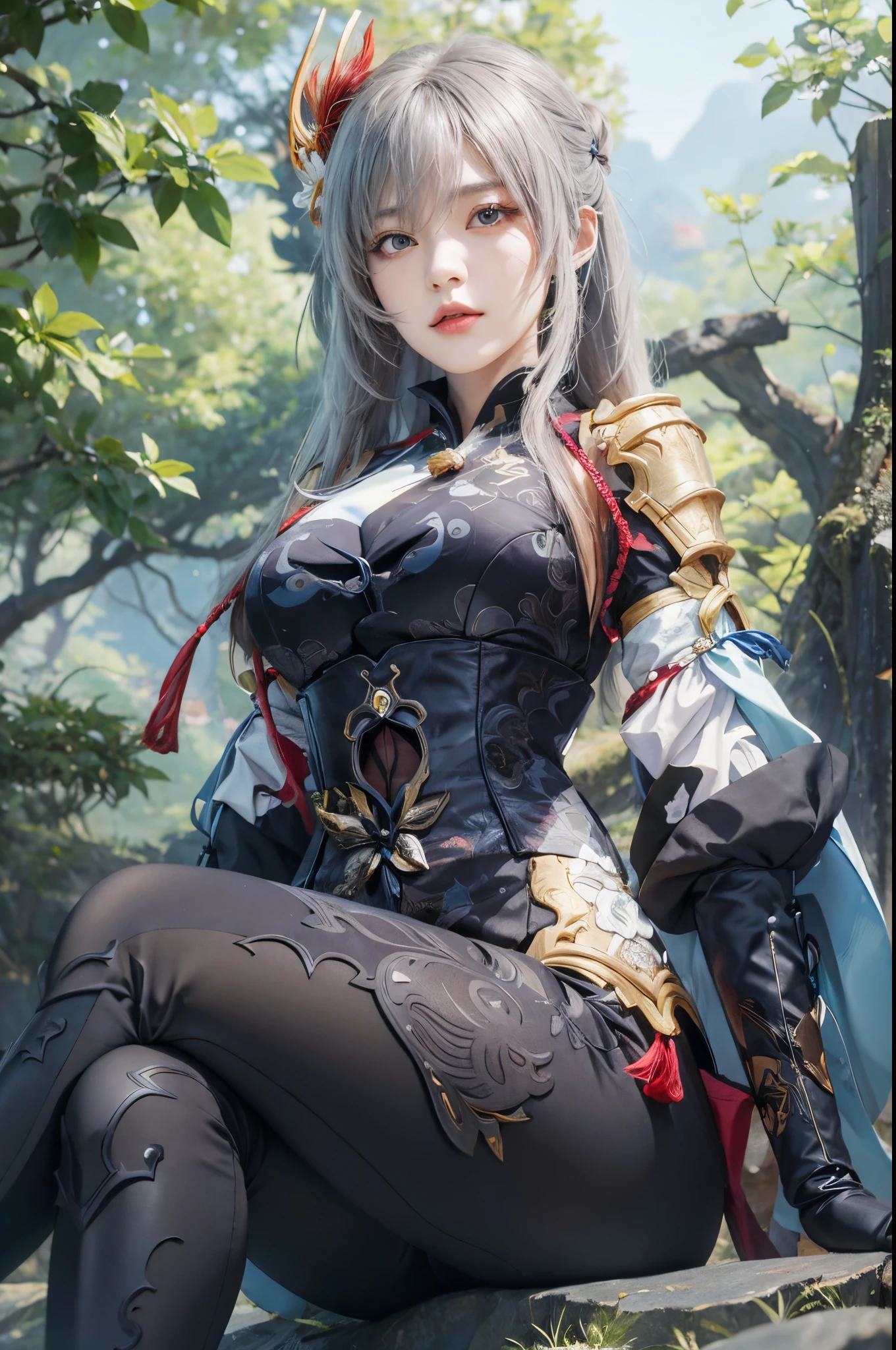 Anime girl sitting on a rock in the woods with a sword, 《Genshin Impact》Keqing in, Genshin Impact, Ayaka Genshin impact, offcial art, Zodiac Girl Knight Portrait, scales covering her, Detailed anime character art, ayaka game genshin impact, Kushatkrenz Key Art Women, 《Genshin Impact》Zhongli in Zhongli