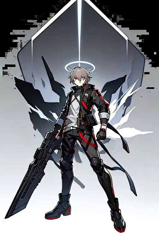 (masterpiece), best quality, solo, arknights design, arknights character, arknights style, dynamic pose, full body, arknights operator, lean body, toned body, Ash gray hair, white halo, sharp eyes, gray eyes, pale skin, medium height, dark, durable pants, reinforced jacket, vest, boots, pistol holster, pistol strap, combat knife, bangs between eyes, man, young man, boy, male