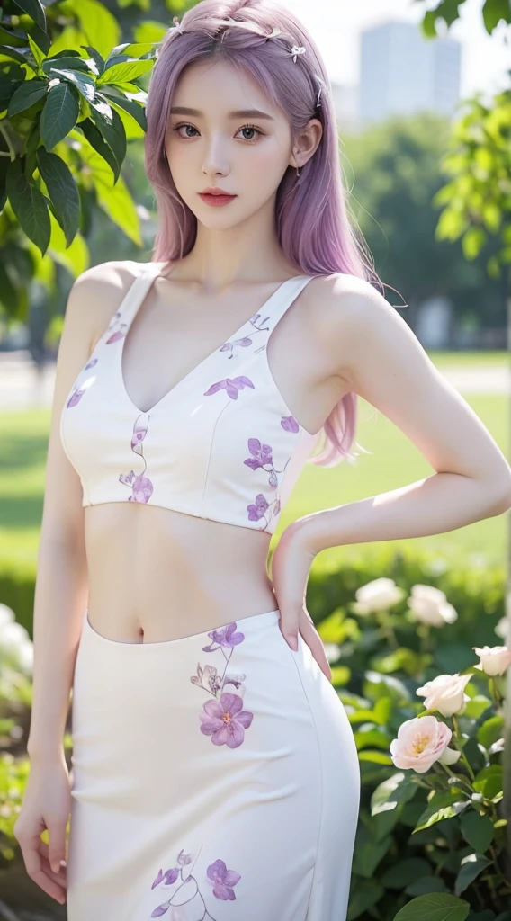 A beautiful woman standing, wearing two piece white floral dress, pale skin, smooth pale skin, skin tune pink, perfect body, detailed body, cute face, purple hair, super detailed, 8k