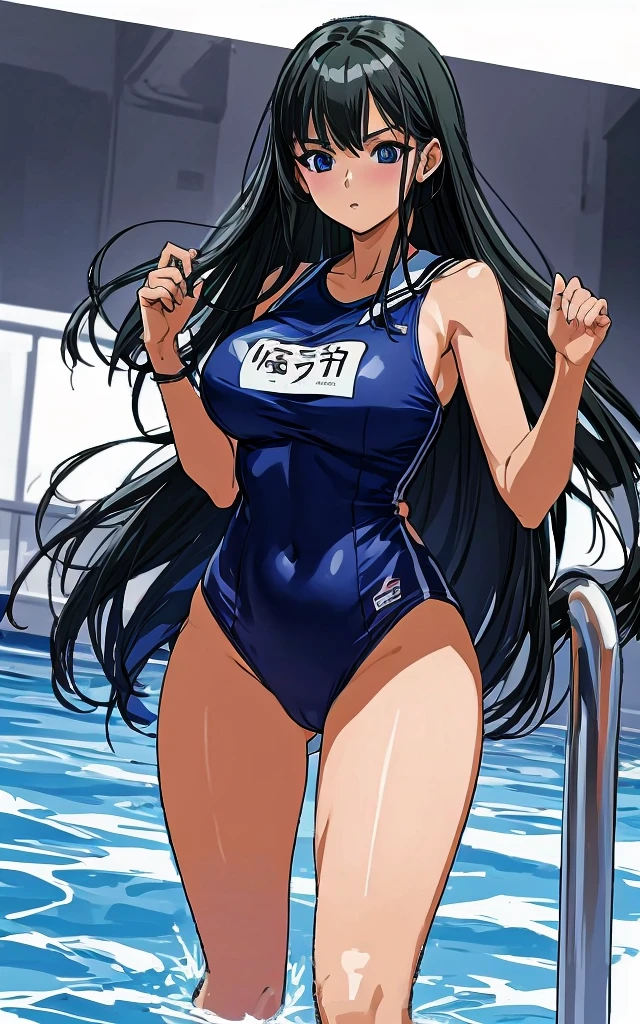 A beautiful woman with long black hair, big breasts, and beautiful legs is standing by the school pool in a blue competitive swimsuit.。