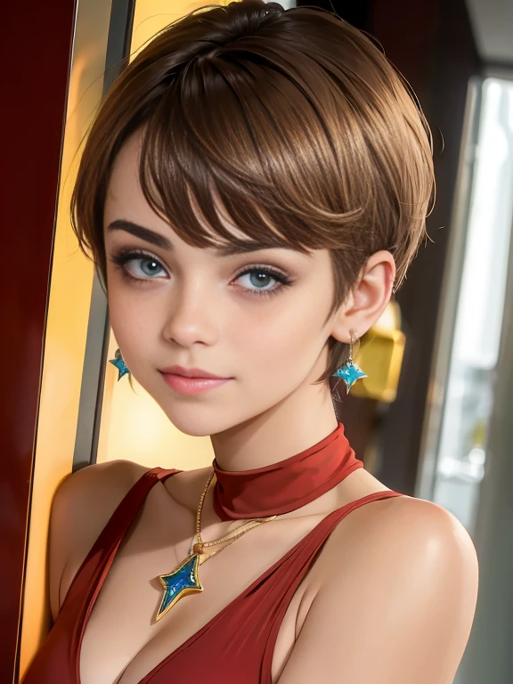 Photo of a 15-year-old European girl, RAW, beautiful woman, pecas en mejillas y nariz ,hermosos ojos azules(Light brown hair pixie haircut),corte de cabello pixie ((retrato)), ((Cara detallada:1.2)), ((Detailed facial features)), (Piel finamente detallada) ,lindo maquillaje, Purple eyeshadows on eyelids (cool color), (Masutepiece) (proporciones perfectaotos realistas)(La mejor calidad), NffSW, (8k) (papel tapiz) (cinematic lighting) (Dramatic lighting) (foco nítido) (Enrevesado) , fondo variado , linda sonrisa, cuerpo completo, hermoso cuerpo , gargantilla negra , aretes de clip , vestido de Santa Claus , adornos de navidad , Christmas Dress, foto de cuerpo completo , disfraz de Santa Claus rojo