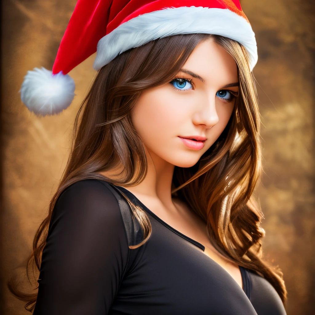 "High-resolution UHD portrait of a 23-year-old Russian woman with blue eyes, detailed focus on eyes, brown hair, wearing a black dress with a Santa Claus hat, showcasing high detail, well-defined physique, mediun boobs, against a blurred background." --auto --s2