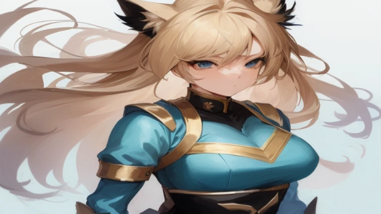 Anime girl dressed in blue with long blonde hair and cat ears, beautiful anime catgirl, Portrait of a female anime hero, Anime Waifu, portrait knights of zodiac girl, a female anime character, very detailed Artgerm, anime catgirl, anime character art, detailed anime character art, Very Beautiful Anime Cat Girl, cute anime catgirl, blonde anime girl with long hair