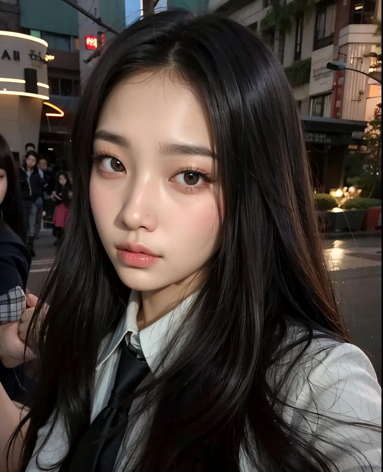 there is a woman with long hair wearing a tie and shirt, Ulzzang, cruel korean goth girl, menina coreana, com cabelos longos e olhos penetrantes, 19-year-old girl, Xision Wu, Xintong Chen, Yanjun Chengt, cabelos pretos e olhos grandes, Mulher sul-coreana bonita, linda mulher coreana jovem, Asian girl with long hair
