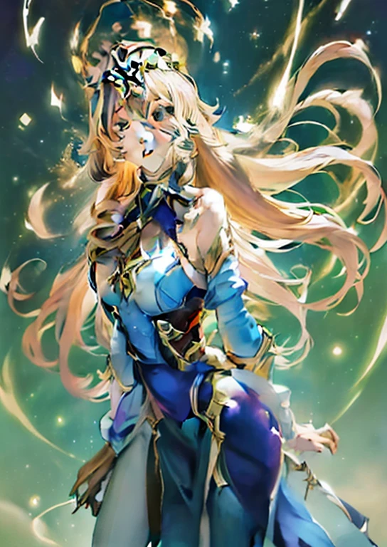 Anime girl with long blonde hair and blue dress in the sky, portrait knights of zodiac girl, ((a beautiful fantasy empress)), anime goddess, shadowverse style, a beautiful fantasy empress, cushart krenz key art feminine, keqing from genshin impact, beautiful celestial mage, Ayaka Genshin Impact, blonde - haired princess, gilded lotus princess
