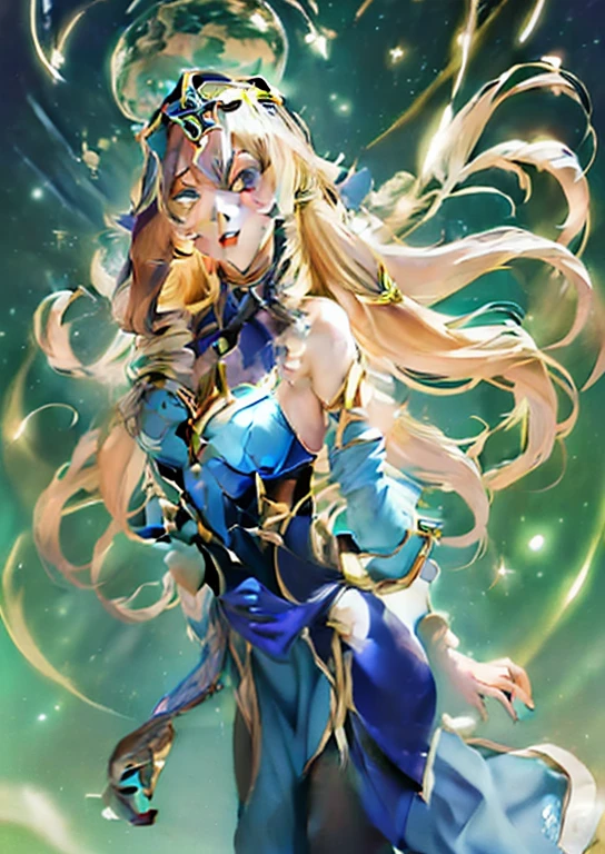 Anime girl with long blonde hair and blue dress in the sky, portrait knights of zodiac girl, ((a beautiful fantasy empress)), anime goddess, shadowverse style, a beautiful fantasy empress, cushart krenz key art feminine, keqing from genshin impact, beautiful celestial mage, Ayaka Genshin Impact, blonde - haired princess, gilded lotus princess