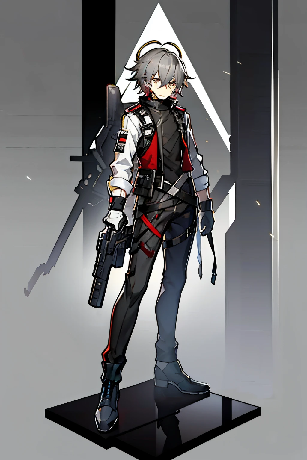 (masterpiece), best quality, solo, arknights design, arknights character, arknights style, dynamic pose, full body, arknights operator, lean body, toned body, Ash gray hair, white halo, sharp eyes, gray eyes, pale skin, medium height, dark, durable pants, reinforced jacket, vest, boots, pistol holster, pistol strap, combat knife, bangs between eyes, man, young man, boy, male