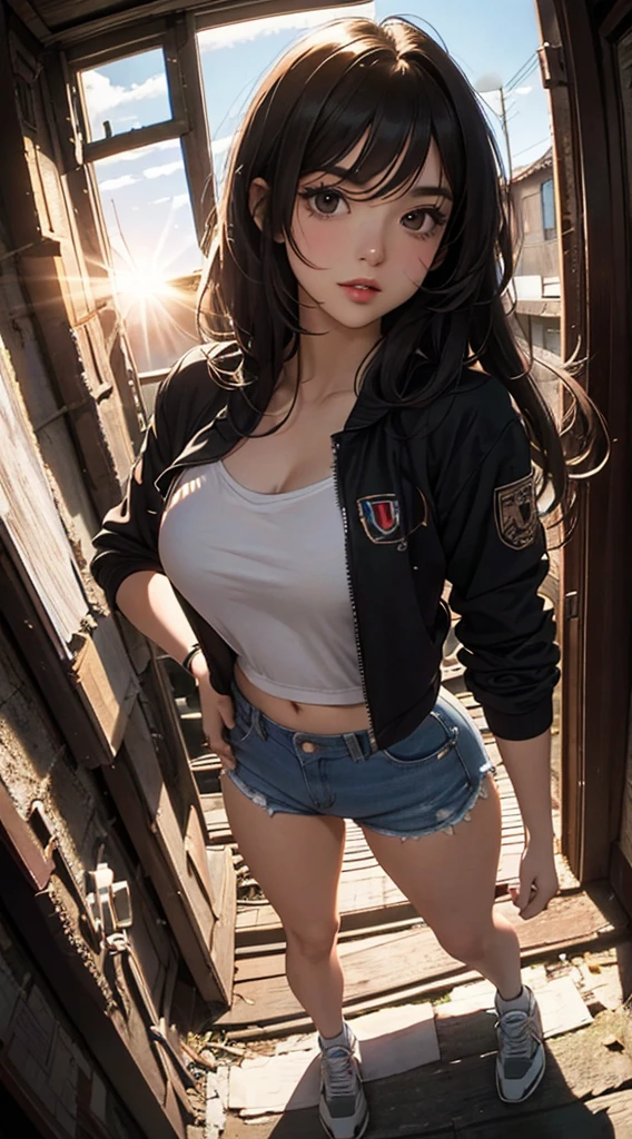 ((8k wallpaper of extremely detailed CG unit, ​masterpiece, hight resolution, top-quality)), (Beautuful Women, Plump lips, Hands in pockets:1.5, Grunge Fashion, Wearing a camisole:1.2, Wearing micro mini shorts:1.2, Wearing sneakers:1.1), ((extra detailed face, Highly detailed black eyes, extra detailed body, Top quality real texture skins)), (A dark-haired, hair messy, de pele branca, Small:1.2, Exposed belly), (Inside an abandoned building, Beautiful blue sky, suns), (high-angle:1.1, Fisheye:1.3), hyper realisitic, digitial painting,