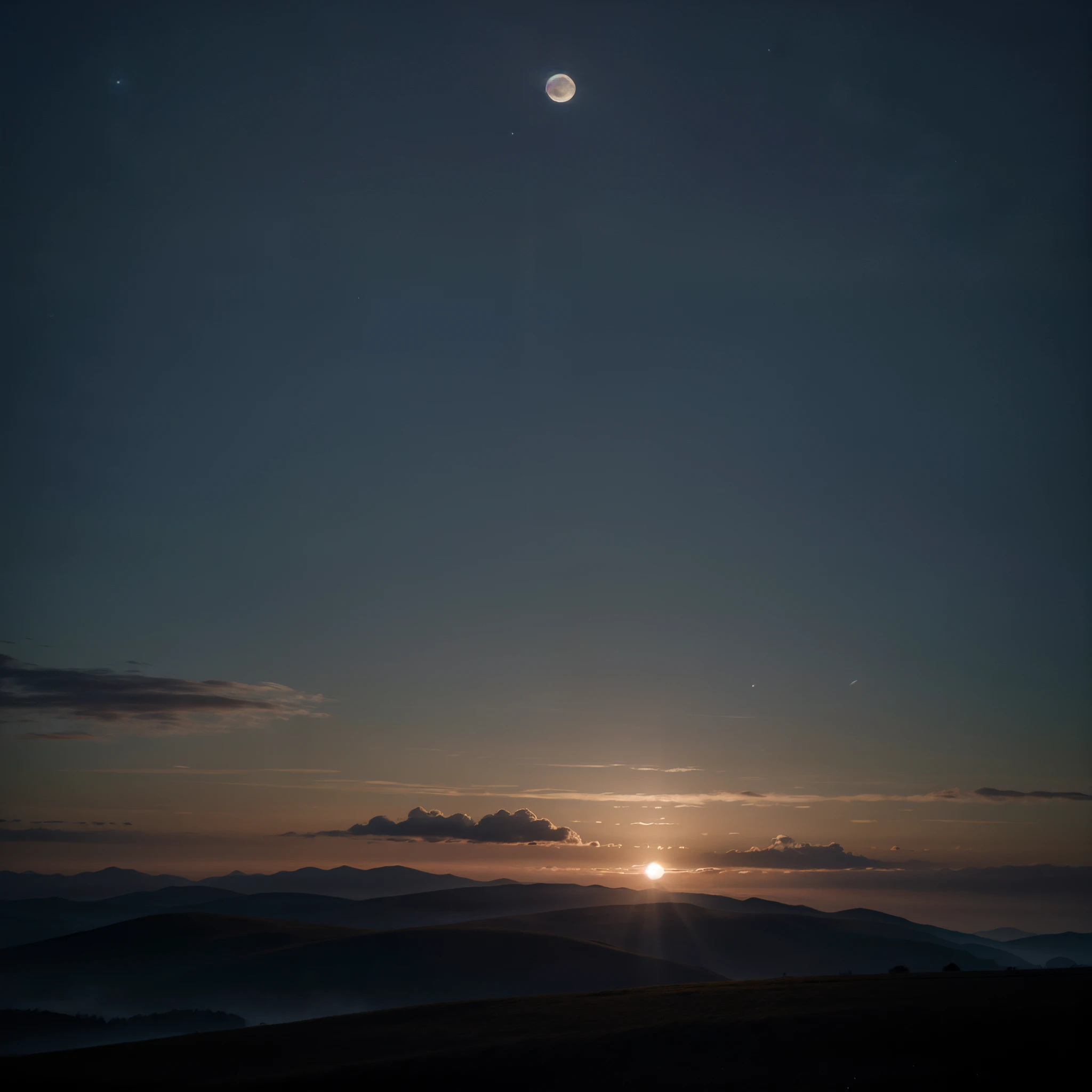 An enchanting, ethereal moonrise illuminating the night sky, casting a soft silver glow upon the landscape. The moon emerges ever so gently, its pale radiance gracefully spreading across the horizon. The scene is beautifully captured in a mesmerizing photograph, showcasing the moon's delicate ascent amidst a backdrop of darkened silhouettes. The image not only captures the celestial scene with stunning clarity, but also evokes a sense of tranquility and wonder.