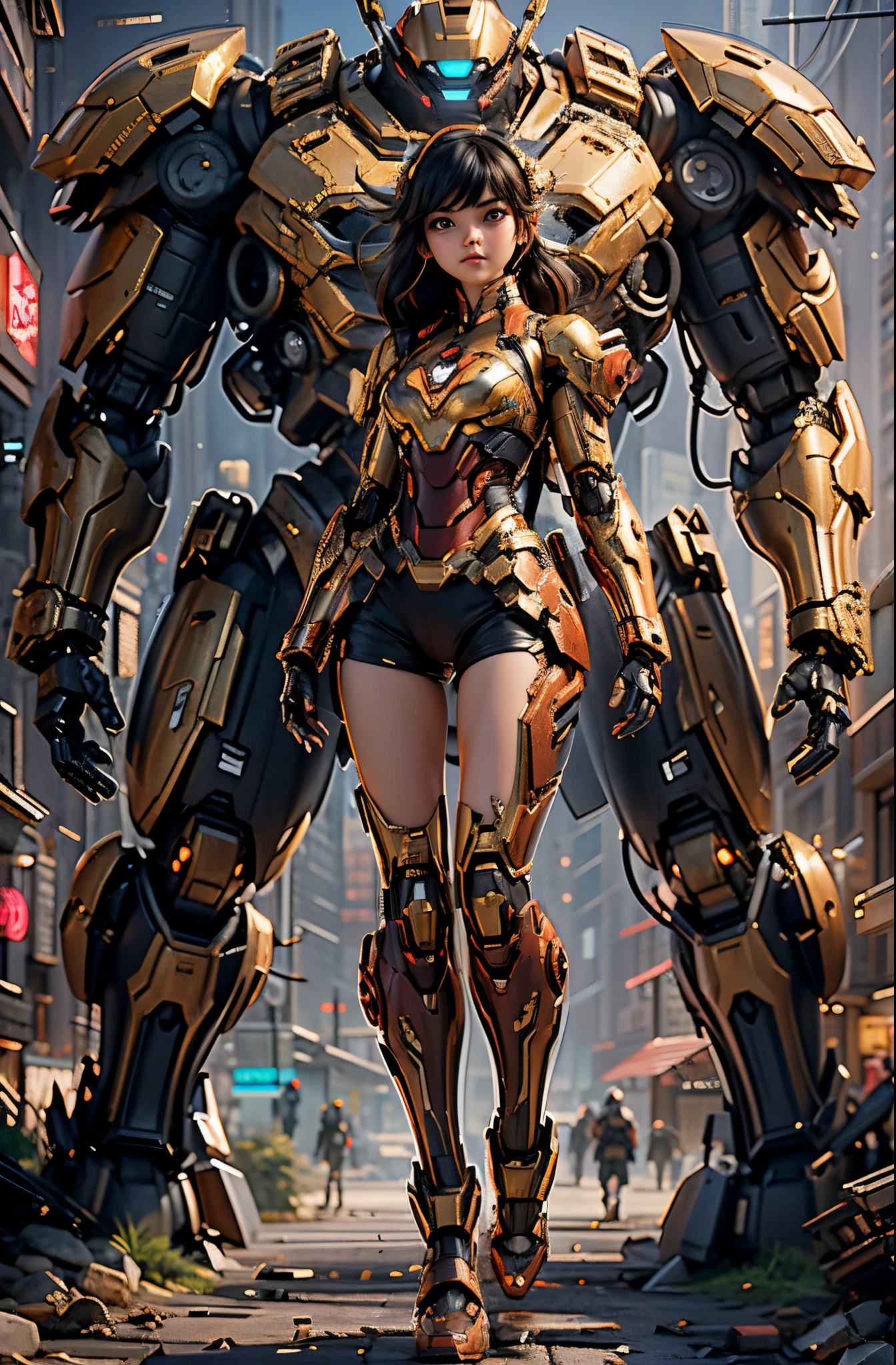 Boutique,best quality,Gold jewelry,(slip out feet),Fairy skin,(Fidelity :1.2),Standing,Super Detailed,realistic,High quality,Movie Light,Ray tracking,Ultra HD,Upper body Girl standing next to giant robot wearing futuristic Iron Man mech, red and gold color scheme, Guweiz-style artwork, CyberPunk mech, Trends on CGSTATION, Guweiz, Russell Dongjun Lu, Digital Cyberpunk Anime Art, Ross Tran 8 K, Guweiz on ArtStation Pixiv, Girl in Mecha Network Armor