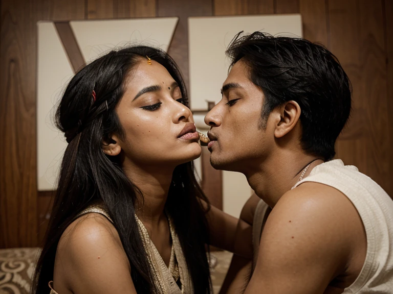 naked indian mother reads newspaper while son kisses on her forehead