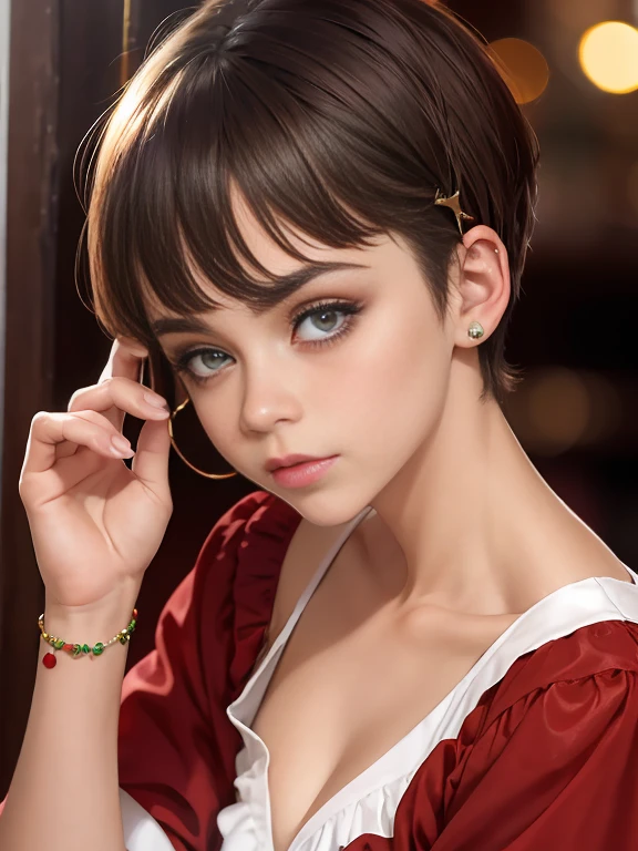 Photo of a 15-year-old European girl, RAW, beautiful woman, pecas en mejillas y nariz ,hermosos  ojos azules(Light brown hair pixie haircut),corte de cabello pixie ((retrato)), ((Cara detallada:1.2)), ((Detailed facial features)), (Piel finamente detallada) ,lindo maquillaje, Purple eyeshadows on eyelids (cool color), (Masutepiece) (proporciones perfectaotos realistas)(La mejor calidad), NffSW, (8k) (papel tapiz) (cinematic lighting) (Dramatic lighting) (foco nítido) (Enrevesado) , fondo variado , linda sonrisa, cuerpo completo, hermoso cuerpo ,  gargantilla negra , aretes de clip , vestido de Santa Claus , adornos de navidad , Christmas Dress, foto de cuerpo completo , disfraz de Santa Claus rojo