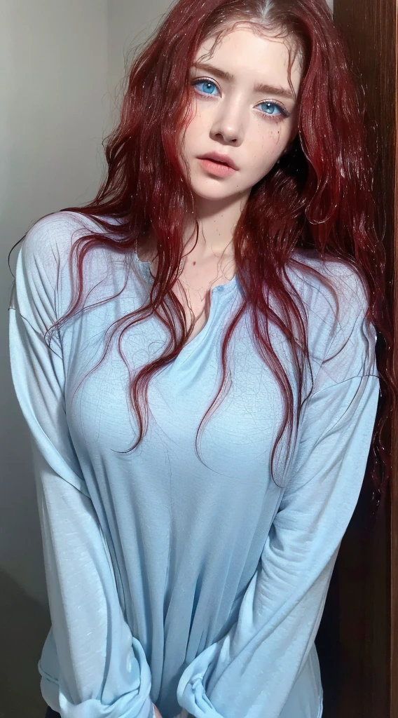 Beautiful handsome woman, ((top quality, 8k, masterpiece:1.retty woman, 1woman, huge breasts:1.3, slender figure:1.1, elastic red long hair, (shower, wet body, wet clothes:1.1), very detailed face, detailed lips, detailed eyes, double eyelids, detailed blue eyes, extremely detailed outstanding blue eyes, red wet hair, red wet hair, detailed outstanding BLUE EYES, innocent stare at the viewer, extremely wet wavy red hair, detailed outstanding BLUE EYES