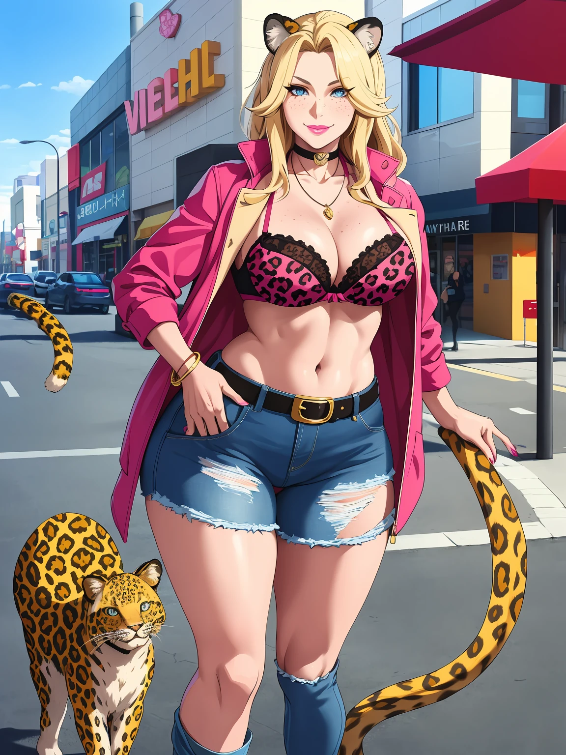 ((mature)), (milf) , (cat ears), (cat tails), ((leopard print)), blonde hair, (long pony tail), ((big hair)), (messy hair), blue eyes, (pink lips) , (large breasts), cleavage, wide hips, narrow waist, ((thighs)), navel , open jacket, red jacket, bra , belt, denim skirt, freckles, necklace, bracelets, choker, painted nails, soft makeup, evil smile, posing, outdoors, mall, street, solo,