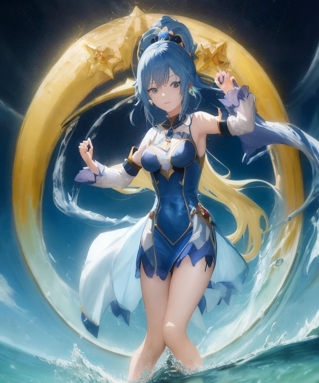 Anime girl in blue dress standing in water, Ayaka Genshin Impact, anime goddess, ayaka game genshin impact, knights of zodiac girl, aqua from konosuba, portrait knights of zodiac girl, very detailed Artgerm, goddess of the sea, krenz cushart and artgerm, ArtGerm on ArtStation Pixiv