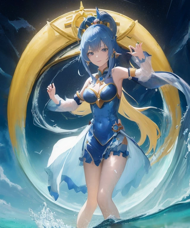 Anime girl in blue dress standing in water, Ayaka Genshin Impact, anime goddess, ayaka game genshin impact, knights of zodiac girl, aqua from konosuba, portrait knights of zodiac girl, very detailed Artgerm, goddess of the sea, krenz cushart and artgerm, ArtGerm on ArtStation Pixiv