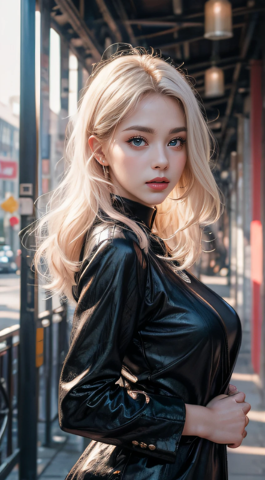 photorealistic, high resolution, 1women, shining skin, solo, jewelry, pink lips, long white hair, blue eyes, closed mouth, hips up, black fur coat,