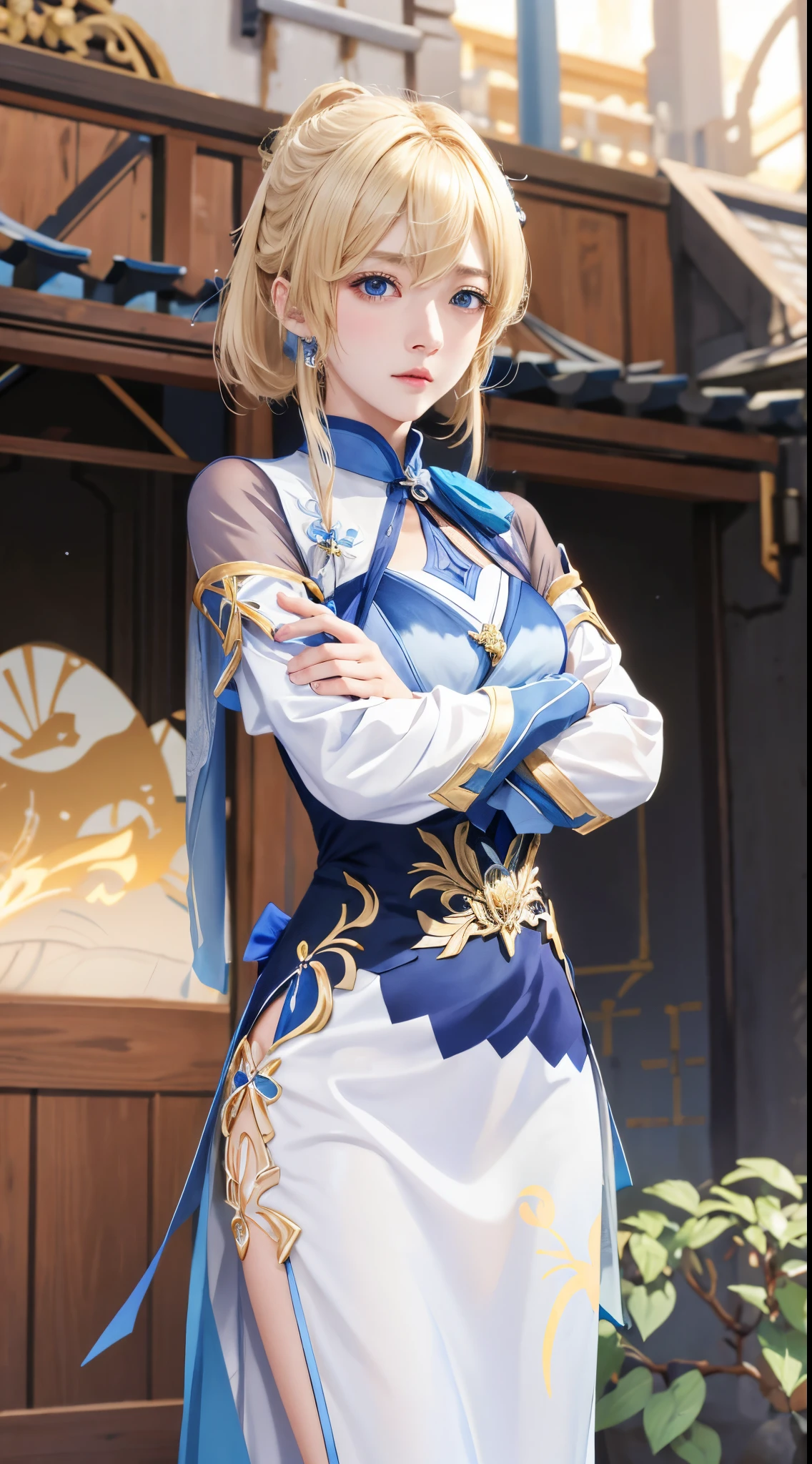Anime character with blond hair and blue eyes standing in front of a building, Ayaka Genshin impact, Artoria Pendragon, ayaka game genshin impact, Kushatkrenz Key Artistic Women, offcial art, 《genshin impact》Ke Qingyu, Genshin impact's character, anime visual of a young woman, Translucent fluid flowing from the《Azure route》videogame, genshin impact