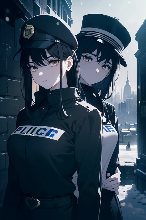 ((Obra maestra, La mejor calidad, ultrahigh resolution)), (((2girls))), standing next to each other, confidant stance, (((((two police officers, wearing blue police uniforms, police uniforms)))), (((wearing beat cop hat))), (black, black beat cop hat), (((black hair, dark black hair))), long hair cut, pale skin, ((brown eyes)), glowing_eyes, neon eyes, (ultra detailed eyes:0.7, beautiful and detailed face, detailed eyes:0.9), ((centered)), smile, ((wide shot)), facing viewer, eye level, ((vibrant background, snowy landscape, cityscape, snowing, snow)), flat chested, looking at viewer, ((half closed eyes)), ((perfect hands)), ((head:1, armored arms, hips, elbows, in view:1)), (((hands behind back))), empty eyes, beautiful lighting, outside, outdoors, background, defined subject, (25 years old), (head tilt), (((epic))), (((cool))), ((shaded face))