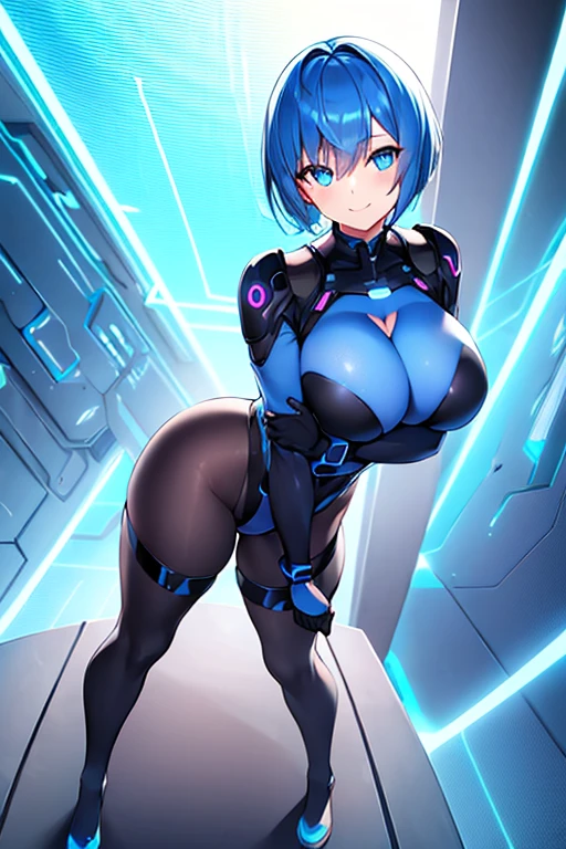 1girl, breasts, large breasts, blue hair, very short hair, pixie cut, bodysuit, black bodysuit, blue trim, science-fiction, futuristic, tech, neon trim, neon, smile, full body, ((full body)), pantyhose, standing,