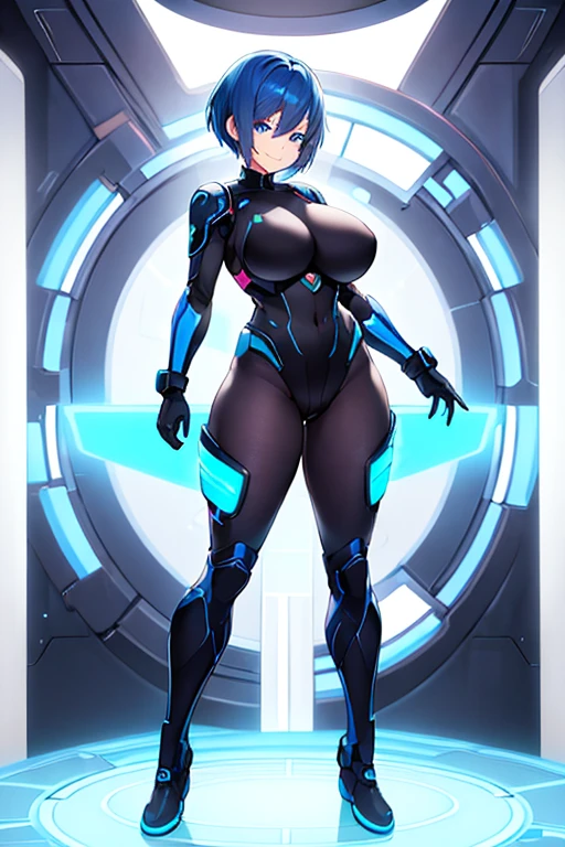 1girl, breasts, large breasts, blue hair, very short hair, pixie cut, bodysuit, black bodysuit, blue trim, science-fiction, futuristic, tech, neon trim, neon, smile, full body, ((full body)), pantyhose, standing,