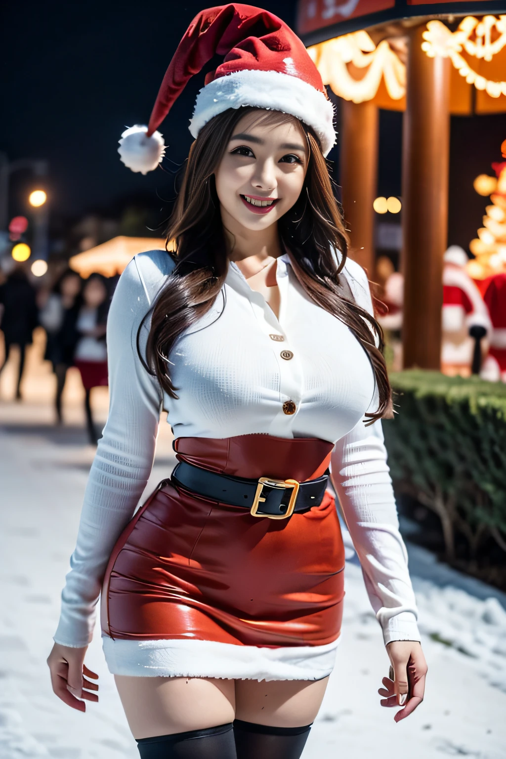 1 Japan women, Looking at the snow-covered amusement park, Mature woman in Santa Claus costume standing with legs apart, married woman, A MILF, Mature, huge stunning goddess shot, goddess of Japan, the extremely hot and sexy, goddess of Japan, very Bigger breasts, Big ass, ((Santa Claus miniskirt costume and hat)), (Wearing:red mini dress trimmed with white fur, Thick black belt, Long Red Leather Boots), (thigh visible), (Cowboy Shot), (Fireworks go off at the amusement park at night), In the snow, (Background: Night city decorated with Christmas illuminations), ((depth of fields)), ((top-quality, 8K, masutepiece:1.3)), full body Esbian, Beautiful woman with perfect body shape:1.4, ((dark brown hair)), Highly detailed facial and skin texture, A detailed eye, 二重まぶた, grin