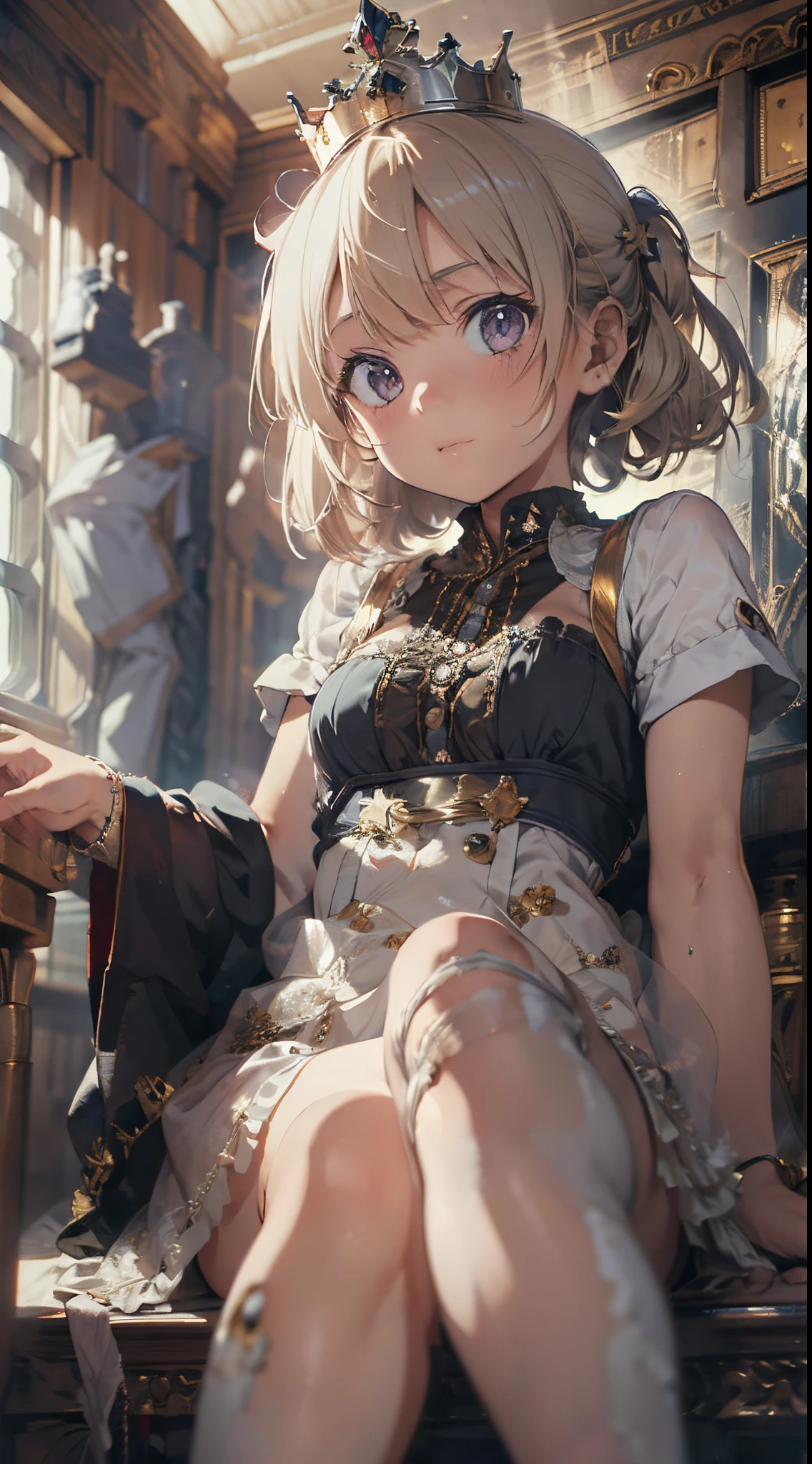 (The highest image quality, master piece:1.2), (Ultra Definition Illustration), (very cute little princess:1.3), (1 girl:1.2), Solo, (shoot from below) ,(condescending look) (NSFW:1.3), embarrassed, gorgeous sleeveless queen dress, sitting on the throne chair, queen crown, showing panties, Full body, Round , (Glasses, Blonde Short-Cut Hair), Armpits, (white thigh high pantyhose:1.2), Spiteful face, Luxurious palace rooms, Fancy Room, RPG Royale, spread legs, Beautiful legs,