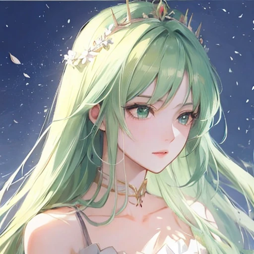 anime girl with long hair wearing a green dress and a flower crown, hold a long magic wands, masterpiece, solo, 1girl, artwork in the style of guweiz, guweiz, beautiful anime face, stunning anime face portrait, anime style 4 k, beautiful anime portrait, kawaii realistic portrait, 8k high quality detailed art, detailed portrait of anime girl, anime style. 8k, soft anime illustration