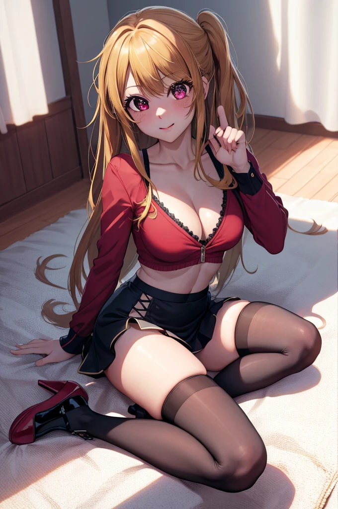 anime, beautiful face, highly detailed face, detailed perfect eyes, perfect hair, perfect lips, perfect hands, accurate hands, perfect legs. highly detailed background, perfect lighting, full bod,y, 1girl, solo, ruby hoshino, ruby, oshi no ko, indoors, black heels, blonde hair, thighhighs, stockings, bedroom, absurdres, high res, ultrasharp, 8K, masterpiece, looking at viewer, (sexy pose:1.4), (full body:1.5), teasing, mini skirt, short skirt, crop top, cleavage, stockings, on the floor, laying down sideways, lying down sideways facing the viewer