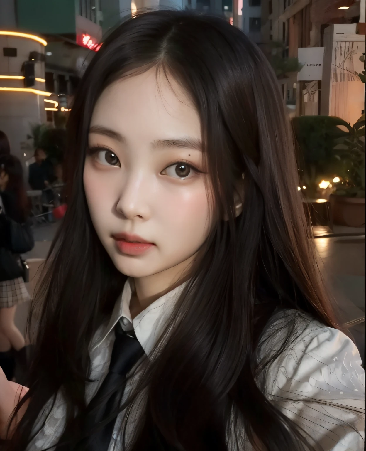 There's a long-haired woman wearing a tie and shirt, Ulzzang, young adorable korean face, wan adorable korean face, Fotografia selfie 8k,  coreana, Jaeyeon Nam, com cabelos longos e olhos penetrantes, korean face features, uma aluna hiperrealista, maquiagem sul-coreana popular, bonito rosto de anime natural, beautiful aesthetic face, pale round face