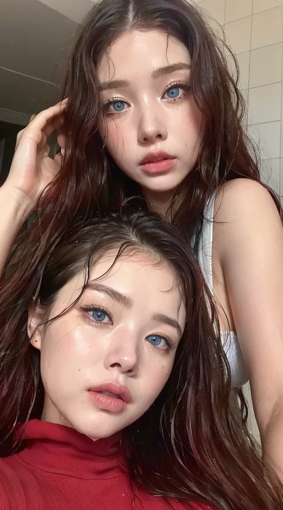 Beautiful handsome woman, ((top quality, 8k, masterpiece:1.retty woman, 1woman, huge breasts:1.3, slender figure:1.1, elastic red long hair, (shower, wet body, wet clothes:1.1), very detailed face, detailed lips, detailed eyes, double eyelids, detailed blue eyes, extremely detailed outstanding blue eyes, red wet hair, red wet hair, detailed outstanding BLUE EYES, innocent stare at the viewer, extremely wet wavy red hair, detailed outstanding BLUE EYES, raining outside